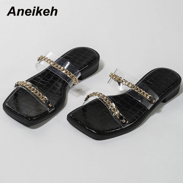

pvc women summer peep toe square heels slippers rome fashion metal decoration ladies slides solid casual novelty 210507, Black