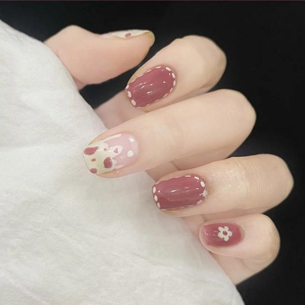 

false nails 24pcs summer small fresh flowers round head fake full cover artificial short press on art nail tips 26 colors, Red;gold