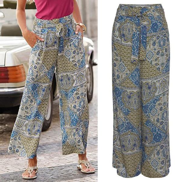 

women's pants & capris boho printing loose womens summer wide leg palazzo ladies holiday beach exotic style casual straight trousers, Black;white