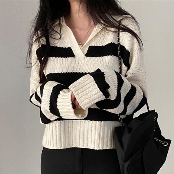 

women's sweaters 2021 autumn winter women sweater lapel all match pullovers knitted striped korean style elegant ladies jumpers, White;black