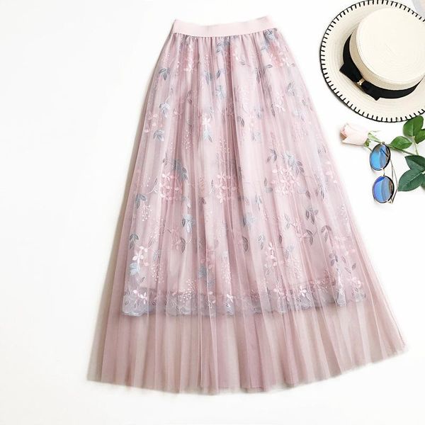 

skirts autumn women lace fashion floral casual mesh skirt lolita embroidery elegant elastic pink, Black
