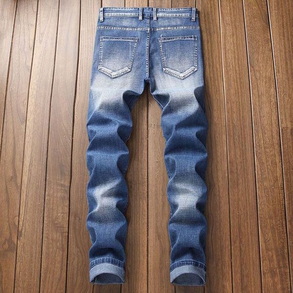 

men biker jeans denim pants patchwork knee holes draped sratched panelled washed plus size 40 42, Blue