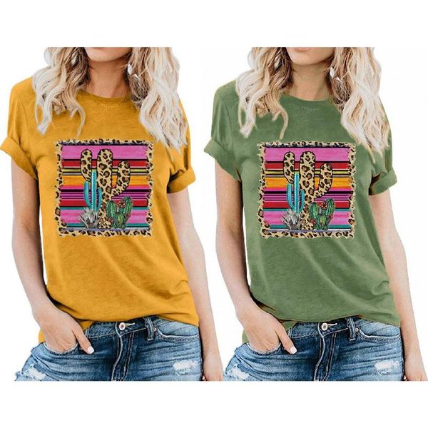 

women's t-shirt 2x summer leopard cactus print casual loose short sleeve s size mustard yellow/olive green, White