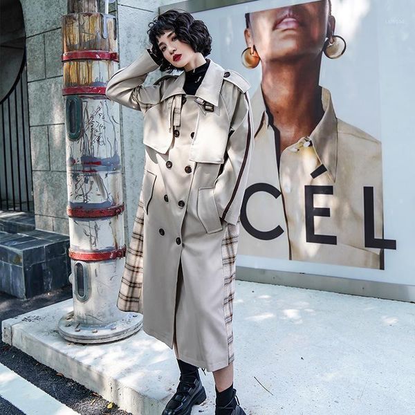 

women's trench coats khaki autumn 2021 clothing korean style fall womens fashion patchwork with plaid, Tan;black