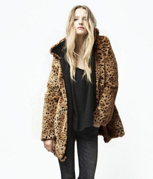 

women's fur & faux large size fashion dress imitation leopard print hair hat zipper loose coat woman puffer jacket, Black