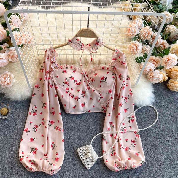 

singreiny women boho floral blouse korean retro square-collar puff sleeve slim spring streetwear print short blouses 210419, White