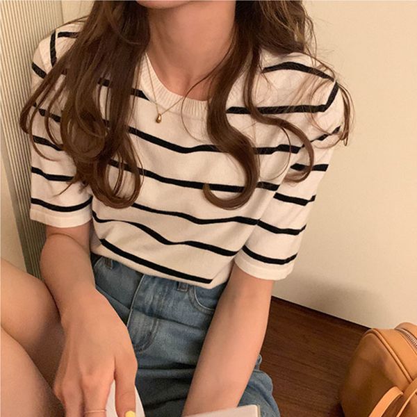 

8colors spring summer korean style knit short sleeve thin t-shirts womens tee shirt femme women short cropped (x1771) 210423, White