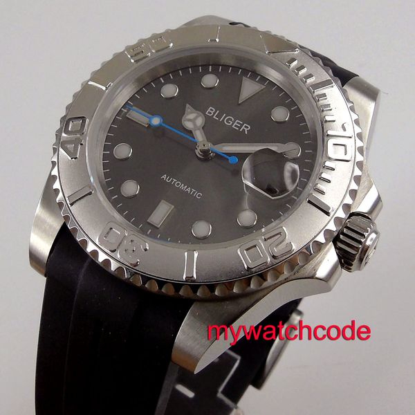 

40mm bliger grey dial date window rotating header rubber strap 316l rvs case automatic clock, Slivery;brown