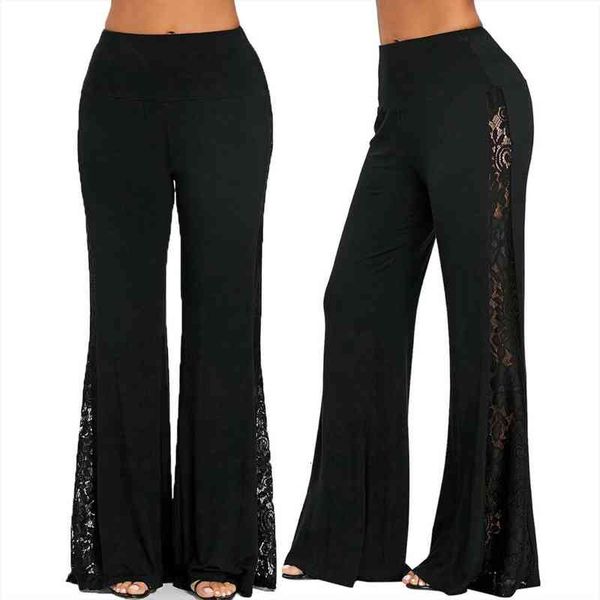 

40 fashion mid waist women leggings lace hollow insert wide leg pants legging loose long trousers pantalones de mujer, Black