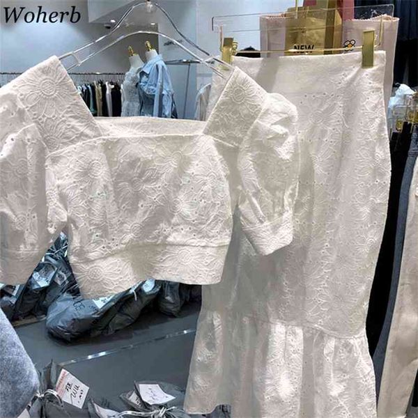 Coreano Terno Chic Puff Manga Curta Lace Branco Crop Tops Cintura Alta Slim Bodycon Skirt Femme Roupas Two-Peça Sets Mulheres 210519