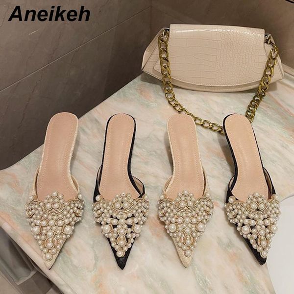 

aneikeh summer fashion women's thin heels outside string bead basic solid flock pointed toe slippers shallow black size 35-42