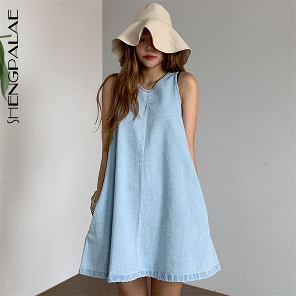 

summer women vintage loose high waist slim was thin elegant v-neck sleeveless denim dress female za4238 210427, Black;gray