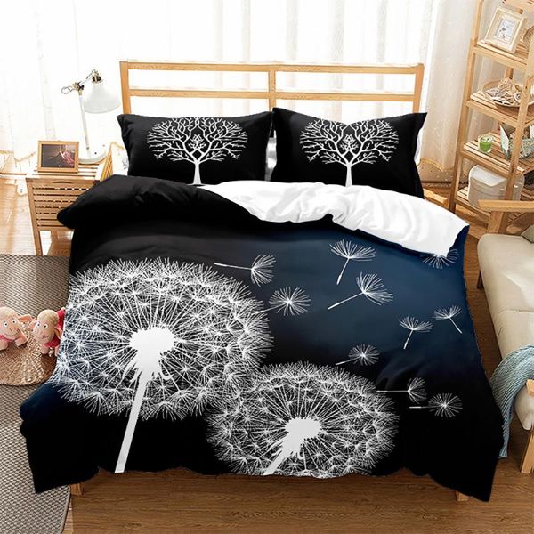 

bedding sets print white dandelion set king size bedroom quilt cover black duvet pillowcases flower bedlinens dropship