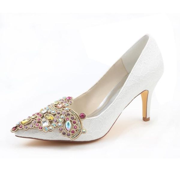 

dress shoes 8 cm pointed toe high heel white lace wedding with gold accents, Black