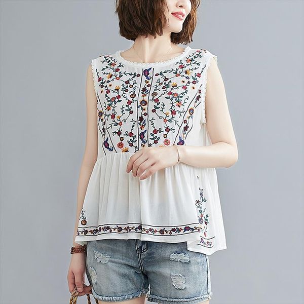 

summer vintage floral embroidery womens blouses cotton sleeveless ruffle see through black vetement femme, White