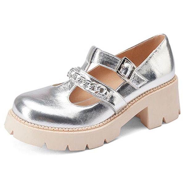 

dress shoes cow comfy rubber sole leather lining square heel buckle strap high with chain sweet casual 2021 woman, Black