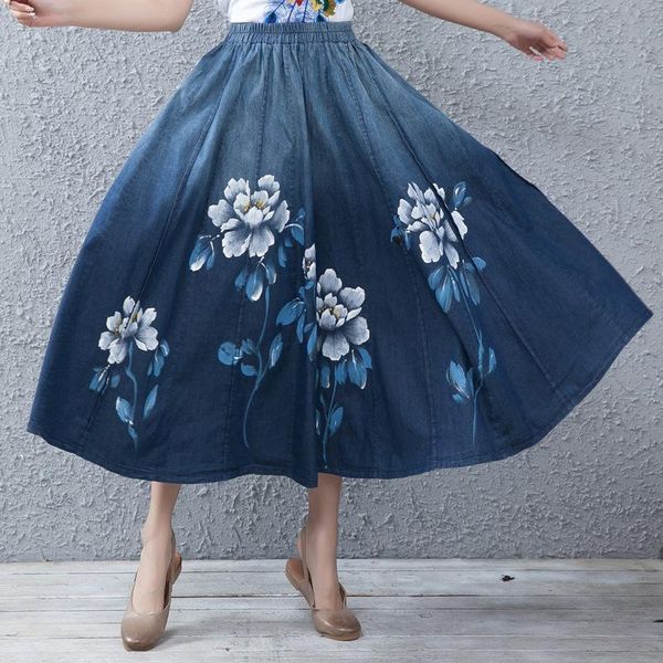 

skirts 2021 spring and summer national style women's hand painted flower stitching skirt, large jeans skirt, Black