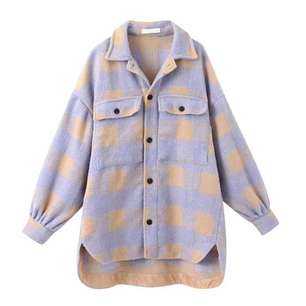 

ladies vintage pocket overshirts oversized plaid jacket women coat long sleeve loose woolen jacket female outerwear chic 210928, Black;brown