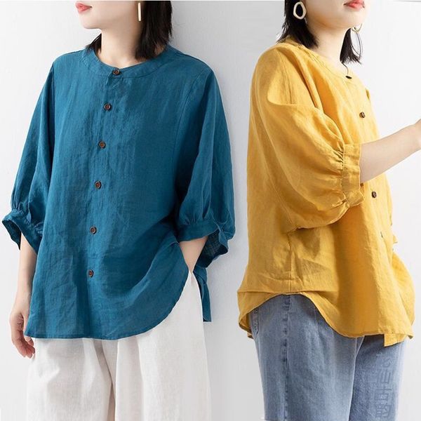 

new summer 2021 large size loose short sleeve linen cardigan blouse women, White