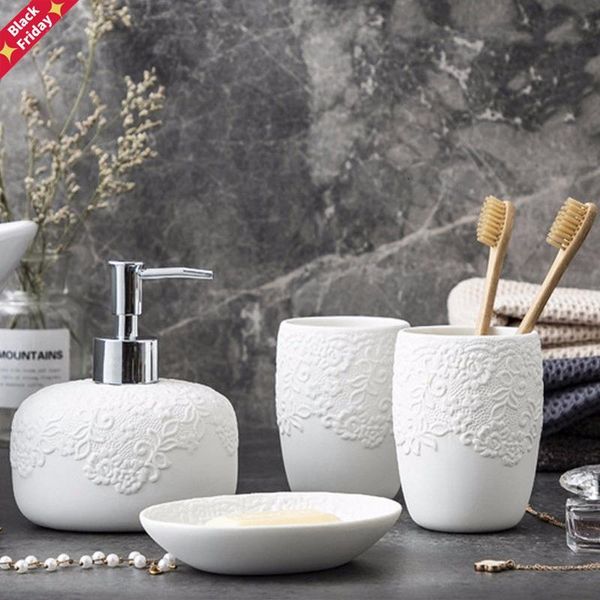 

exquisite lace ceramic bathroom four-piece suit couple wash set lotion bottle toothbrush holder soap dish supplies bath accessory