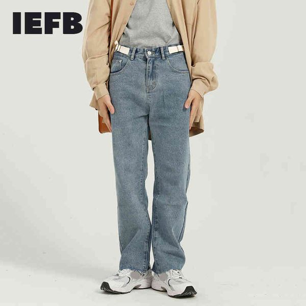 

iefb men's spring vintage denim ankle-length pants korean streetwear fashion loose straight raw edge jeans male 9y5085 210524, Blue