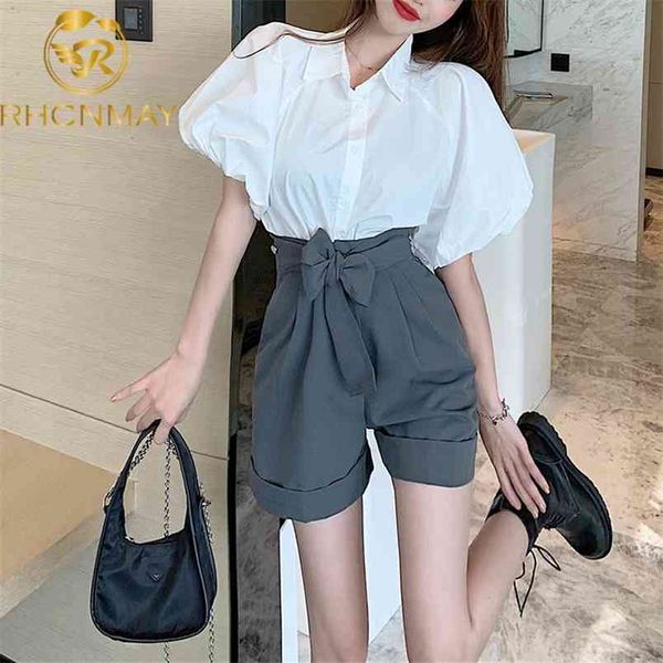 

summer office women's suit bubble sleeve shirt lapel short design wide leg shorts with belt 210506, White
