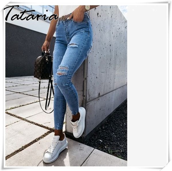 

ripped jeans for women high waist skinny denim fashion spring streetwear pencil pants full length pocket trousers 210514, Blue