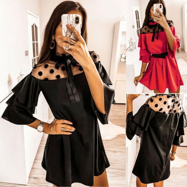 

fashion women ruffled a-line polka dot lace dresses patchwork sleeve mini dress casual, Black;gray