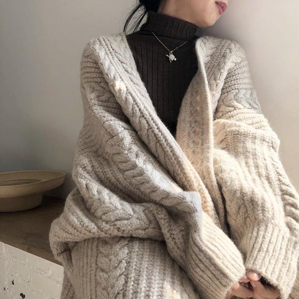 

women's knits & tees women autumn winter fashion long ribbed knitted cardigan female v-neck sleeve casual thick line sweater, White