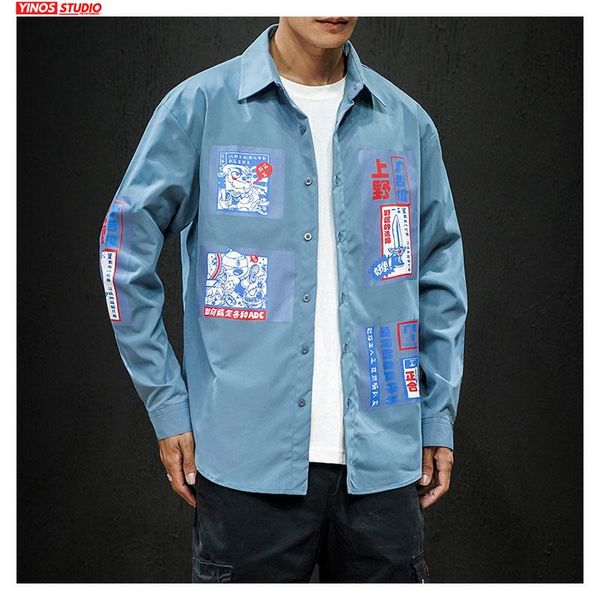 

men's casual shirts drop men streetwear japanese patchwork cartoon 2021 autumn mens solid cotton outdoor male thin, White;black