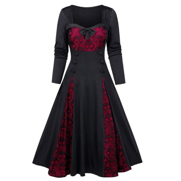 

casual dresses insert mock button bowknot dress ladies halloween cosplay costumes vampire witch costume plus size skull lace, Black;gray