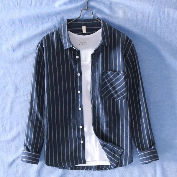 

men's casual shirts 2022 long sleeve striped with pocket pajamas style summer shirt men linen cotton for male dark blue, White;black