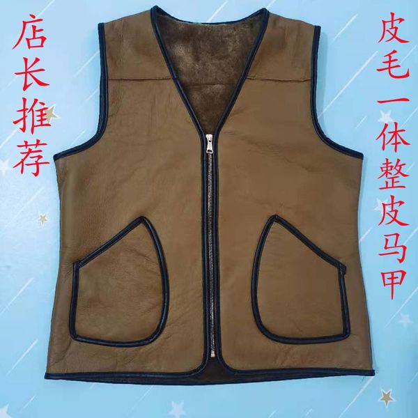 

men's vests 2021 winter full leather and fur vest sheepskin liner, Black;white