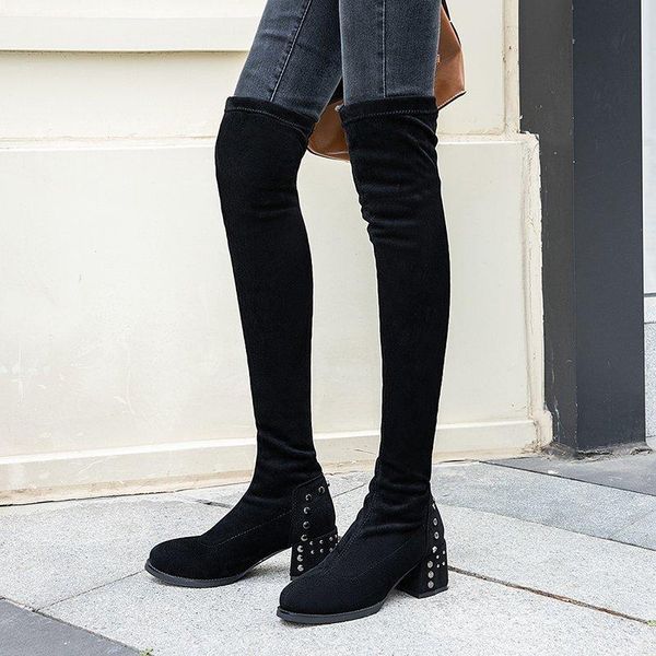 Botas Mulheres Rimocy Sexy Slim Slip On Over the Knee Thin High Metal Metal Heels Sapatos grossos Mulher rebanho longo Botas compridas