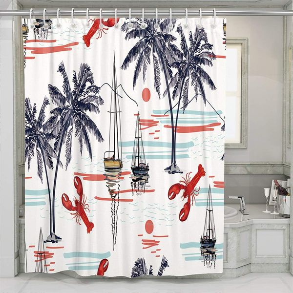 

shower curtain 60x72 inch tropical coconut palm trees sailboat sun mountaines lobsters the summer beach bathroom waterproof