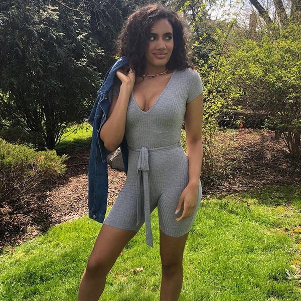 

women's jumpsuits & rompers padegao 2021 fashion women v neck short sleeve belt solid bodycon summer jumpsuit vestidos slim retro plays, Black;white