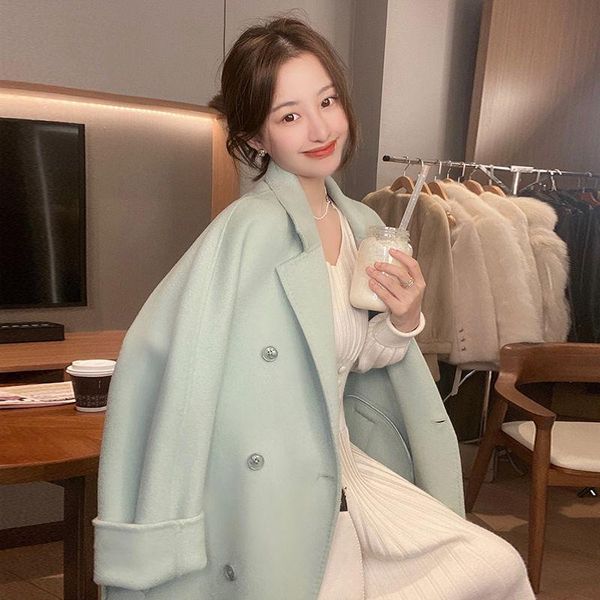 

women's wool & blends long coat women 2021 casual button office ladies windbreaker solid color korean clothing loose, Black
