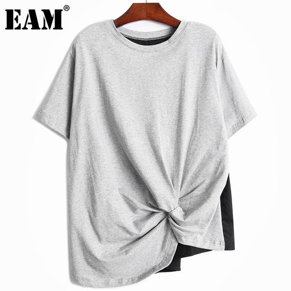 

women's t-shirt [eam] women black big size casual asymmetrical ruched round neck short sleeve fashion spring summer 2021 1dd8278, White