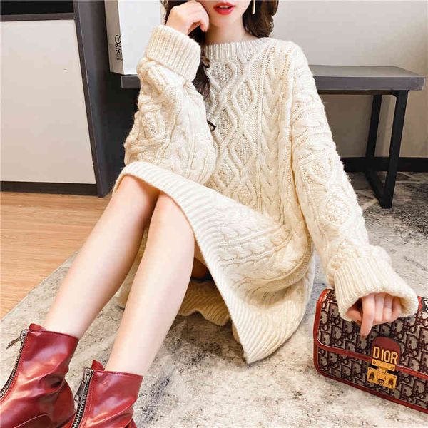 

women's pullovers sweater dress o-neck knitted thicken mid-length winter elegant lazy loose size female 210524, White;black