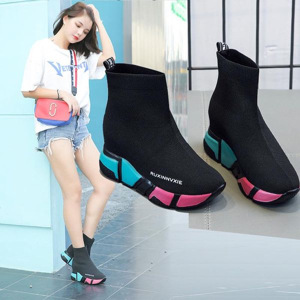 

boots women's autumn and winter 2021 elastic inner increase versatile high korean breathable woven, Black