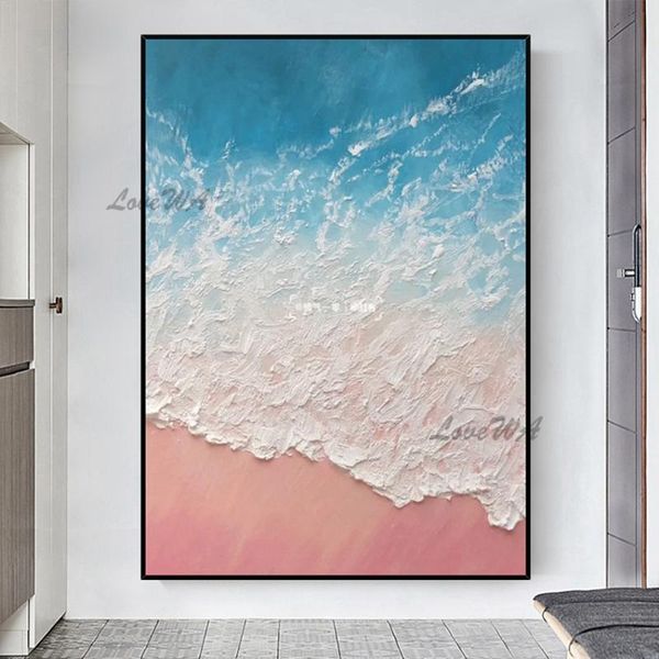

paintings abstract sea landscape painting of blue water and white spray on pink beach modern wall picture for living room unframed artwork