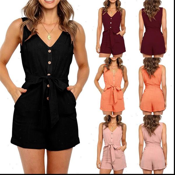 

solid slim playsuits womens rompers v neck sleeveless button sashes pocket cotton playsuit femme pink black short jumpsuit, Black;white