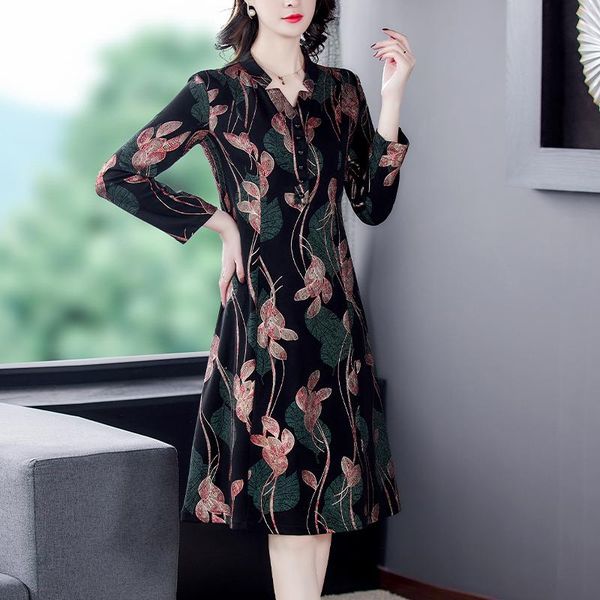 

casual dresses coigarsam women dress autumn 2022 cheongsam vintage full sleeve v-neck design and color robe vestidos, Black;gray