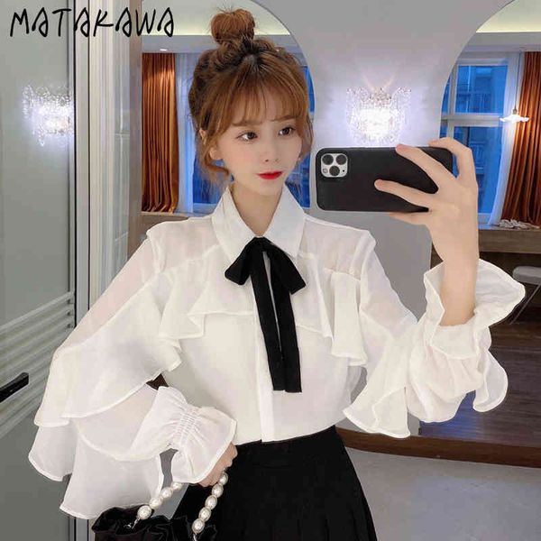 

matakawa spring bow blusas mujer de moda long-sleeved chiffon women blouse white flare sleeve shirt korean fashion 210513