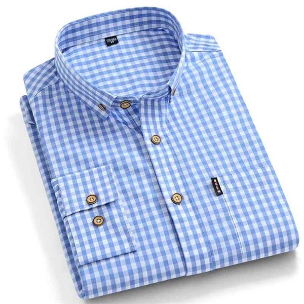 Ince 100% Pamuk Ekose Gömlek Erkekler Için Uzun Kollu Düzenli Fit Kareli Elbise Gömlek Erkek Mavi Yumuşak Rahat Erkek 210708