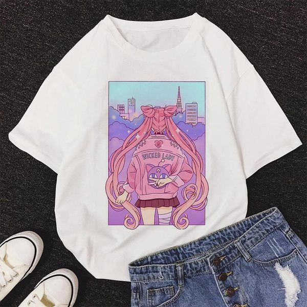 

sailor moon fashion summer womens t shirt cute cat harajuku short sleeve fun ulzzang female cartoon, White