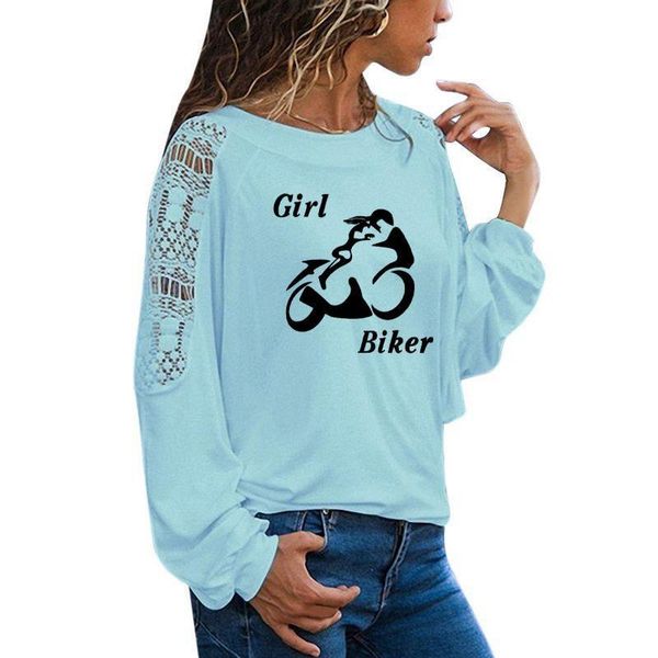 

powerful girl biker print womens funny teeshirt clothing casual long sleeve large size loose lace, White