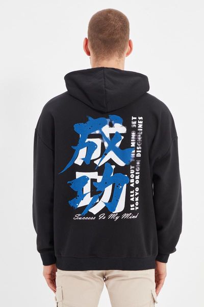 

men's hoodies & sweatshirts trendyol men oversize long sleeve hooded printed tmnaw22sw0586, Black