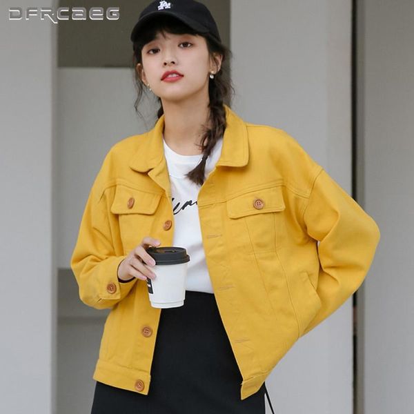 

women's jackets yellow streetwear denim coat with pocket 2021 spring loose long sleeve casual jeans retro outwear, Black;brown