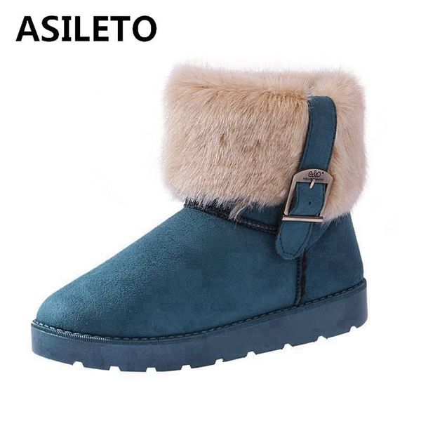 

boots asileto women snow winter's round toe flat with bukle fur plush ankle pull on anti slip keep warm size 36-40, Black
